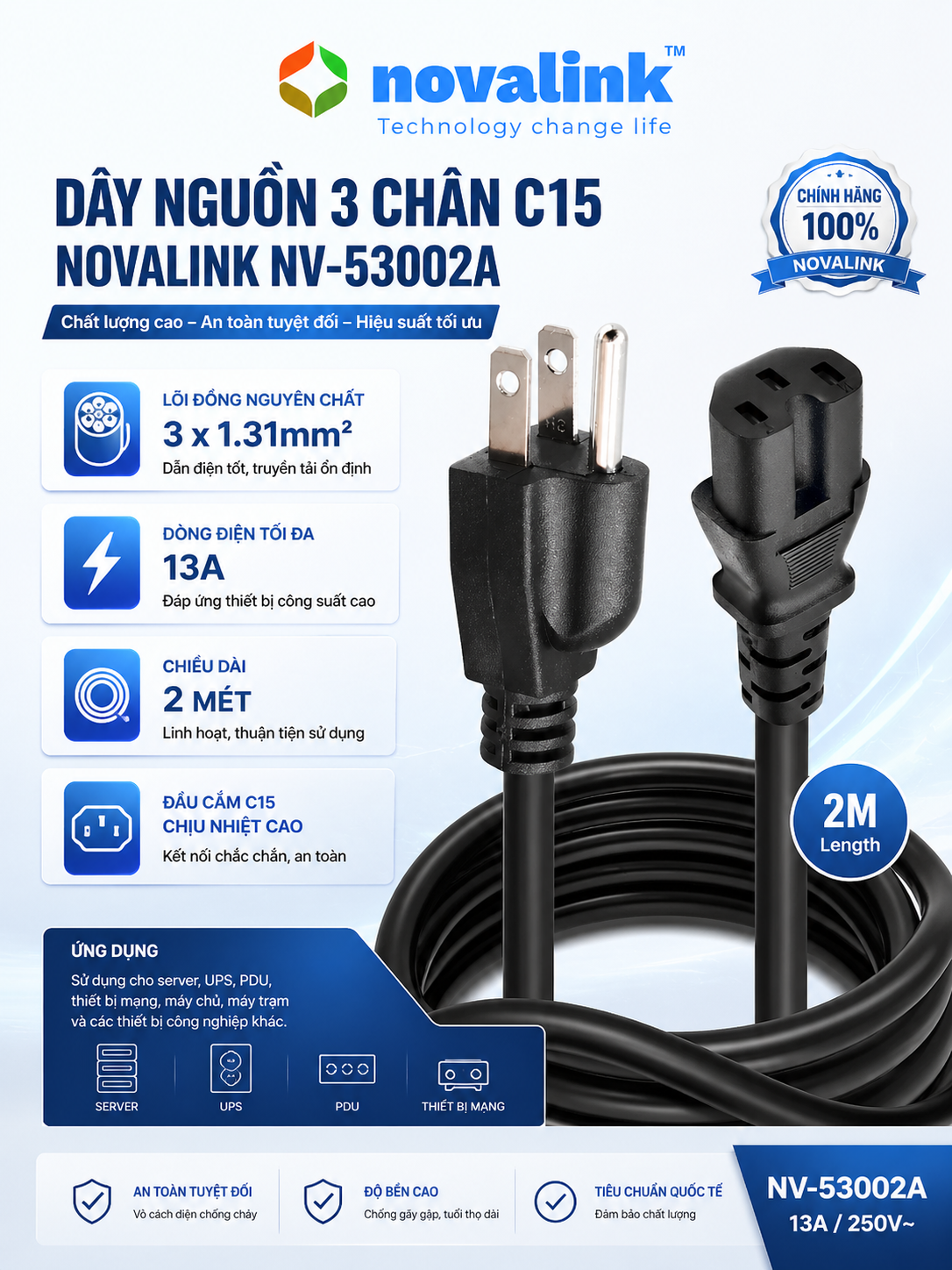 Dây nguồn 3 chân C15 dài 2m lõi 3*1.31mm Novalink NV-53002A, 13A chính hãng
